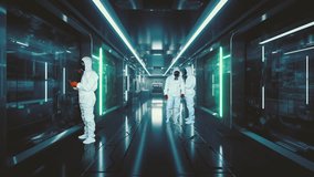 A long corridor in a modern laboratory with holographic screens. Several scientists are working in the biology laboratory. - Powered by Shutterstock - Get 15% off with code: PIKWIZARD15