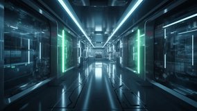 Long corridor in futuristic laboratory with digital screens and neon lights. - Powered by Shutterstock - Get 15% off with code: PIKWIZARD15