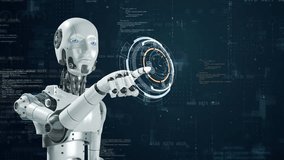 Motion graphic of Robot assistant with digital futuristic HUD on typewriter big data matrix simulation abstract background artificial intelligence technology and machine learning concepts - Powered by Shutterstock - Get 15% off with code: PIKWIZARD15