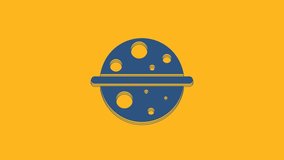 Blue Planet Saturn with planetary ring system icon isolated on orange background. 4K Video motion graphic animation.