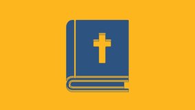 Blue Holy bible book icon isolated on orange background. 4K Video motion graphic animation.