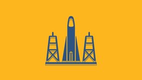 Blue Rocket launch from the spaceport icon isolated on orange background. Launch rocket in space. 4K Video motion graphic animation.