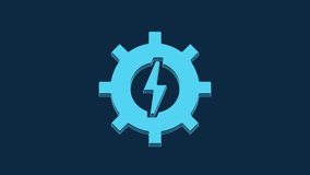 Blue Gear and lightning icon isolated on blue background. Electric power. Lightning bolt sign. 4K Video motion graphic animation.