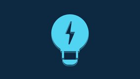 Blue Creative lamp light idea icon isolated on blue background. Concept ideas inspiration, invention, effective thinking, knowledge and education. 4K Video motion graphic animation.