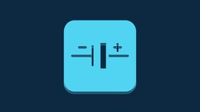 Blue DC voltage source icon isolated on blue background. 4K Video motion graphic animation.
