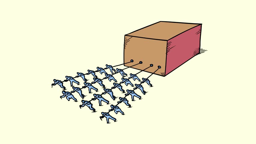 Hard working men pulling stone block cube islated. Pushed by a group of people with ropes. Business metaphor of good for explainer. 