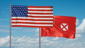 Wallis and Futuna flag and United States of America USA flag waving together in the wind on blue sky, cycle looped video, two country cooperation concept