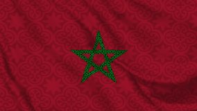 Experience the vibrant spirit of Morocco with our captivating video featuring the iconic Moroccan flag adorned with intricate national patterns on exquisite textiles.	