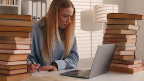 Stressed busy annoyed Caucasian student girl high school pupil woman stressful leaner studying with laptop and books homework prep to exams learning online search information e-learning difficulties - Powered by Shutterstock - Get 15% off with code: PIKWIZARD15