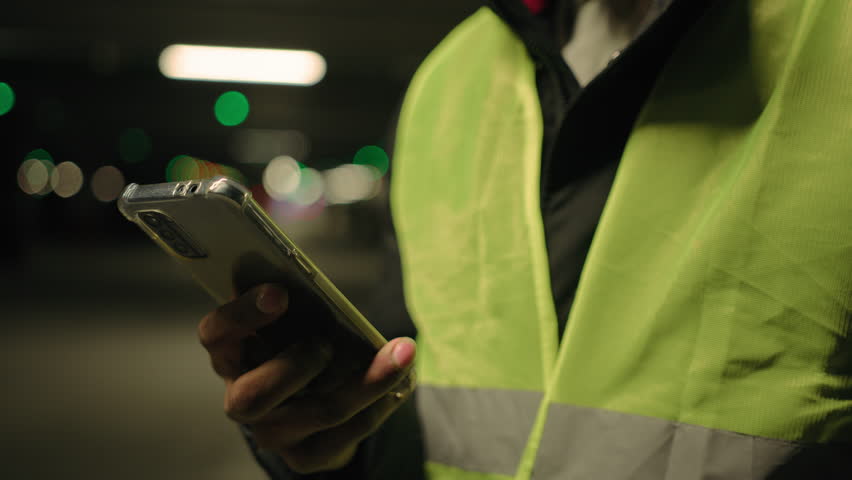 Close up unrecognizable man warehouse worker using mobile phone at workplace at factory cropped shot of industrial storehouse manager builder engineer in reflective vest checking email on smartphone - Powered by Shutterstock - Get 15% off with code: PIKWIZARD15