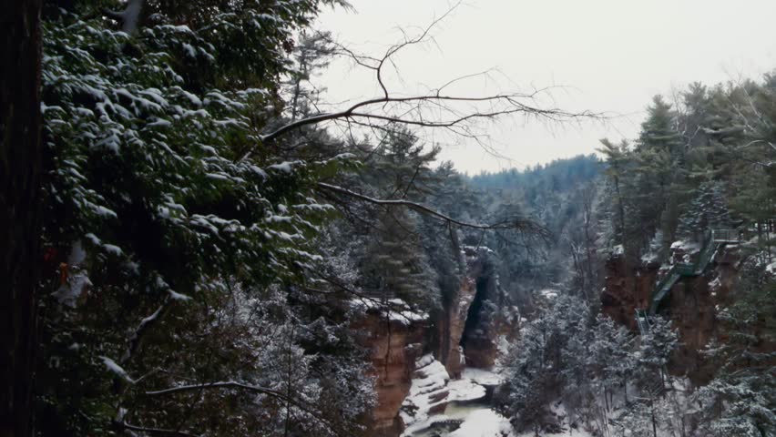 Sandstone Gorge Of Ausable Chasm During Winter Near Keeseville, New York, United States. Tilt-down