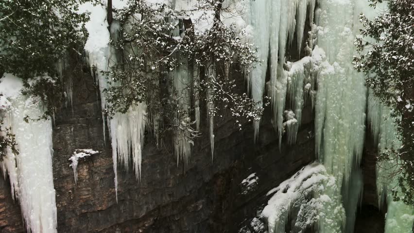 Gorge With Frosted Icicles In Ausable Chasm Near Keeseville, New York, United States. Static Shot