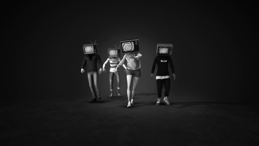 A group of characters walking in a zombie style with television heads. Each TV head features hypnotic swirls as we see the group of characters walking along as if under some kind of mind control.