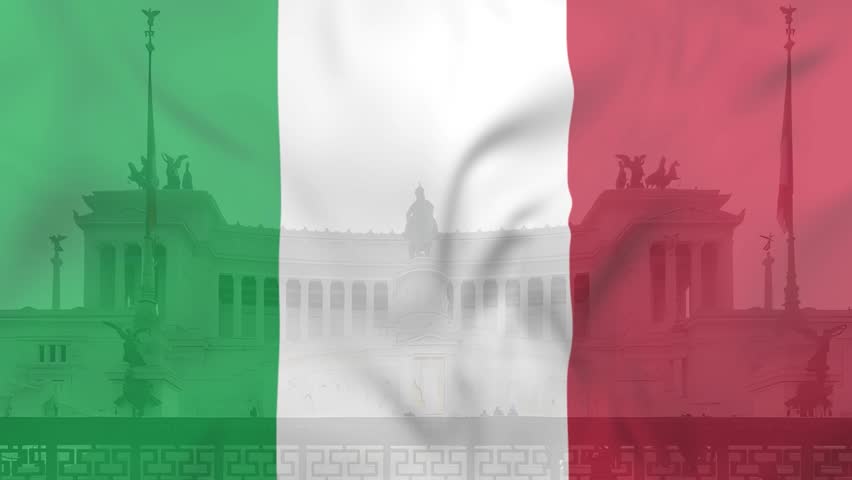 Waving flag and Victor Emmanuel II National Monument in background. 4k video.