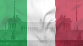 Waving flag and Victor Emmanuel II National Monument in background. 4k video.