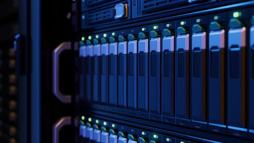 Close-up of Server Rack with SSD with Blinking Lights in Modern Data Center. Advanced Cloud Computing and Machine Learning Concept. Dark Blue Environment. Royalty-Free Stock Footage #1104388223