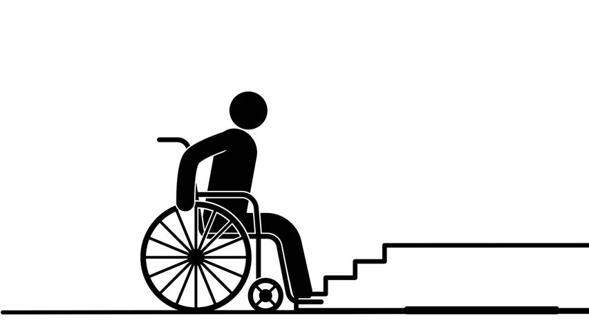A person with a disability in a wheelchair overcoming stairs with the help of a special lift. Lift for people with disabilities. Animated pictogram | Shutterstock HD Video #1104389843