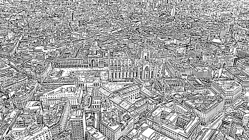 Milan, Italy. The Duomo di Milano dominates the center of the frame, its Gothic spires and marble facade rendered in intricate black linework against a white ground. The cathedral