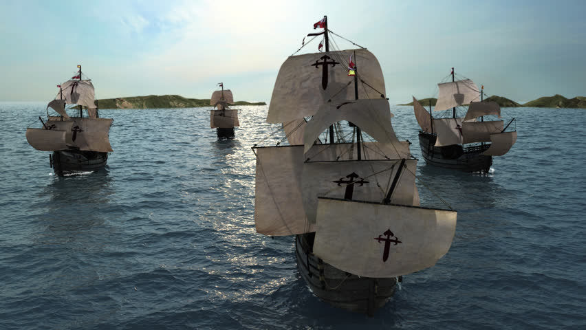 animated historical spanish galleon fleet 16th century sailing in front of islands wide angle Royalty-Free Stock Footage #1104390043