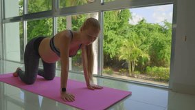 In this stock video, a young pregnant woman can be seen performing yoga exercises in her apartment with a panoramic window and a lush tropical background in the backdrop. The slow and graceful