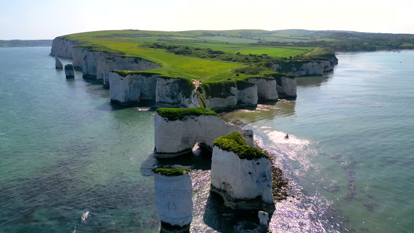 Aerial view of the Old Harry Rocks, Jurrasic Coast, Dorset, England, during a sunny spring day