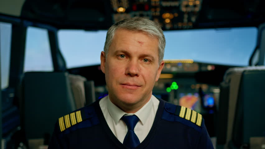 Portrait of airline captain sitting in pilot seat to fly airplane using ...