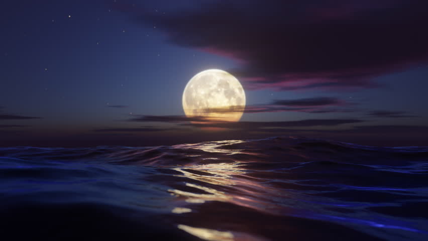 Full moon over the ocean at night. Stylized looped animation. 3d render. Royalty-Free Stock Footage #1104400065