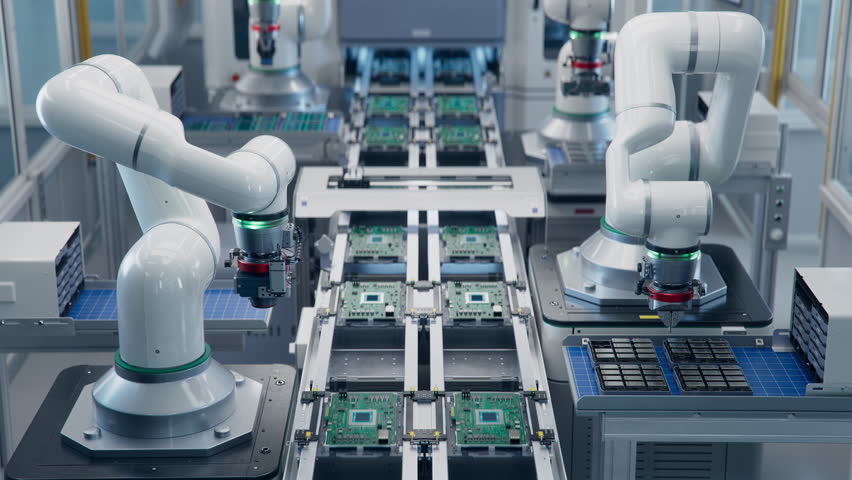 Fully Automated Modern PCB Assembly Line Equipped with Advanced High Precision Robot Arms at Bright Electronics Factory. Component Installation on Circuit Board. Electronic Devices Production Industry Royalty-Free Stock Footage #1104402019