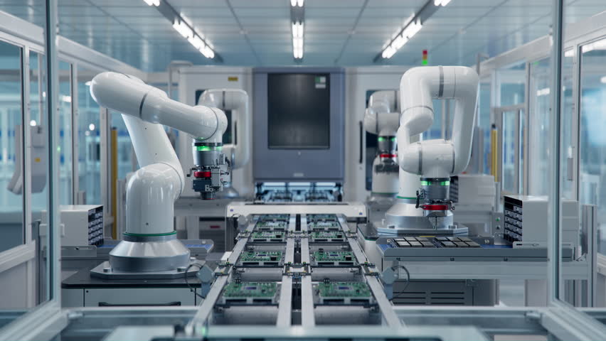 Electronic Devices Production Industry. Fully Automated Modern PCB Assembly Line Equipped with Advanced High Precision Robot Arms at Smart Electronics Factory. Component Installation on Circuit Board. Royalty-Free Stock Footage #1104402021