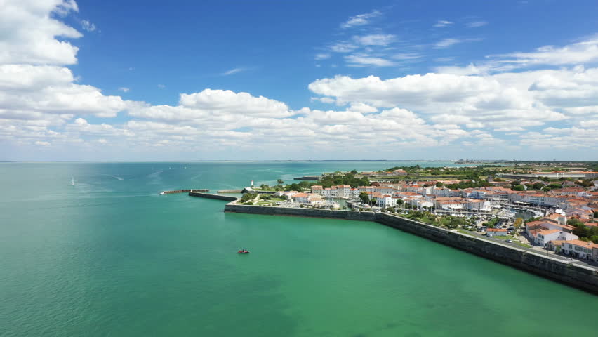 The town of Saint Martin de Re on the Ile de Re in Europe, France, New Aquitaine, Charente Maritime, La Rochelle, in summer on a sunny day.