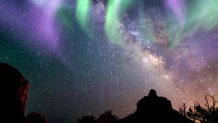 Sedona Solar Storm Aurora Purple Green and Milky Way Galaxy Over Bell Rock Pan R | Shutterstock HD Video #1104417099