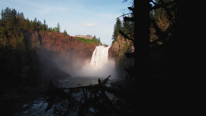 Drone Reveal of Snoqualmie Falls from Tree Branch