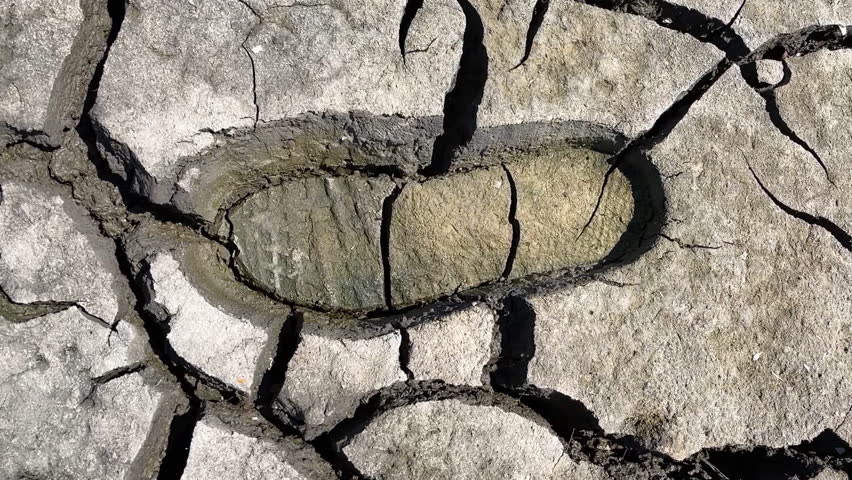 Footprint of shoe on dry cracked earth after an environmental disaster in severe drought | Shutterstock HD Video #1104420637