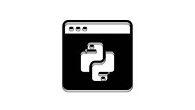 Black Python programming language icon isolated on white background. Python coding language sign on browser. Device, programming, developing concept. 4K Video motion graphic animation.