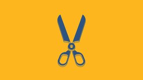 Blue Scissors icon isolated on orange background. Cutting tool sign. 4K Video motion graphic animation.
