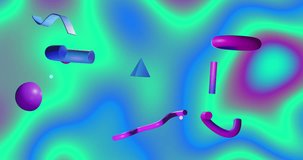 Animation of abstract 3d shapes over waving coloured background. Communication, data processing, creativity and digital interface background concept digitally generated video.