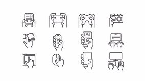 Animated devices in hands line icons. User interaction animation. Hand holding. Digital age. Using technology. Loop HD video with alpha channel, transparent background. Outline motion graphic