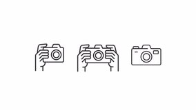 Animated photo camera line icons. Camera shot animation. Taking picture. Photography equipment. Photographic session. Loop HD video with alpha channel, transparent background. Outline motion graphic