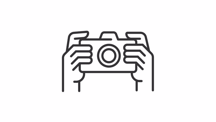 Taking picture icon animation. Animated line hands holding photo camera. Finger press button. Camera shot. Loop HD video with alpha channel, transparent background. Outline motion graphic