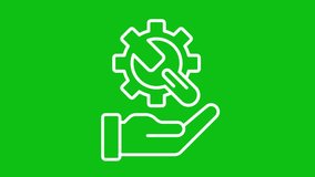 Tech support white icon animation. Animated line wrench turning cogwheel over hand. Spinning gear. Loop HD video with chroma key, alpha channel, transparent background. Outline motion graphic
