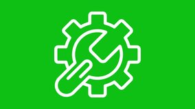 Setup tool white icon animation. Animated line wrench turning setting cogwheel. Spinning gear. Loop HD video with chroma key, alpha channel, transparent background. Outline motion graphic