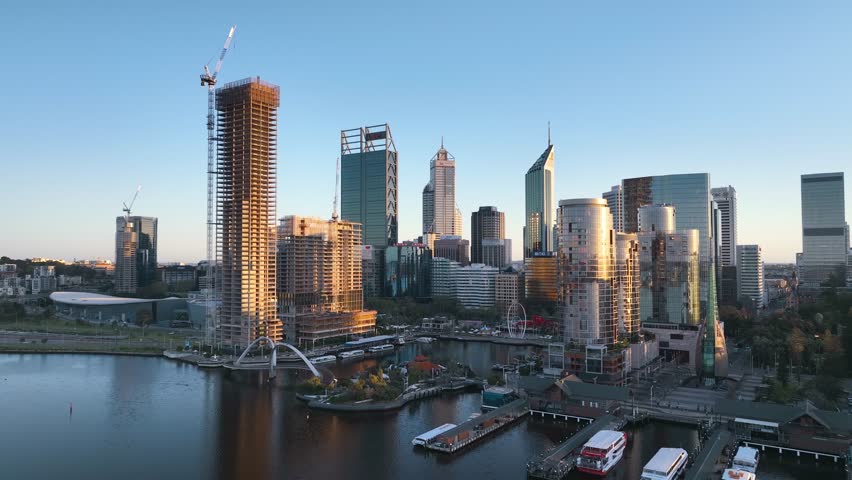 Aerial view Perth downtown skyline at sunset, Western Australia, Australia. Royalty-Free Stock Footage #1104427909