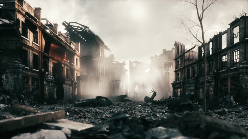 Destroyed city during the war after the bombing. Aftermath of the bombing of a civilian city