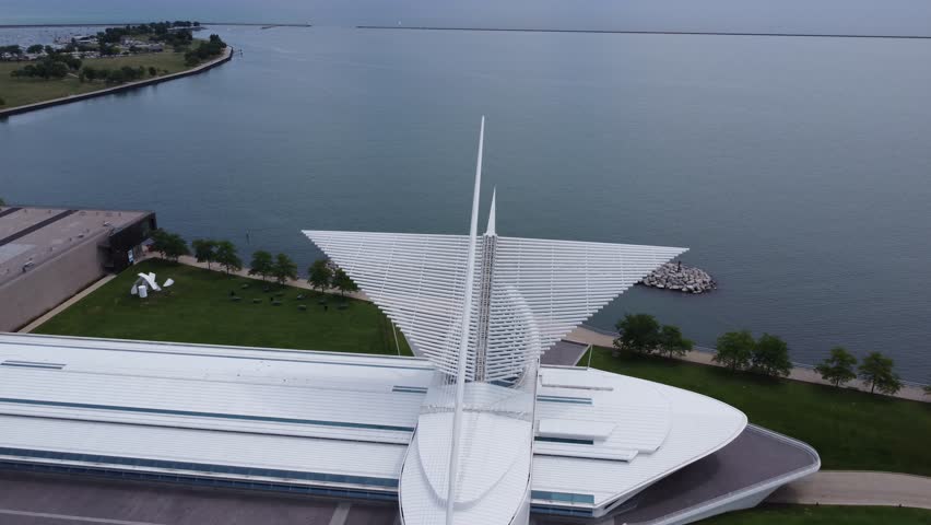 A captivating drone view of Milwaukee, USA, showcasing its skyline, iconic landmarks, and the scenic waterfront along Lake Michigan, highlighting the city