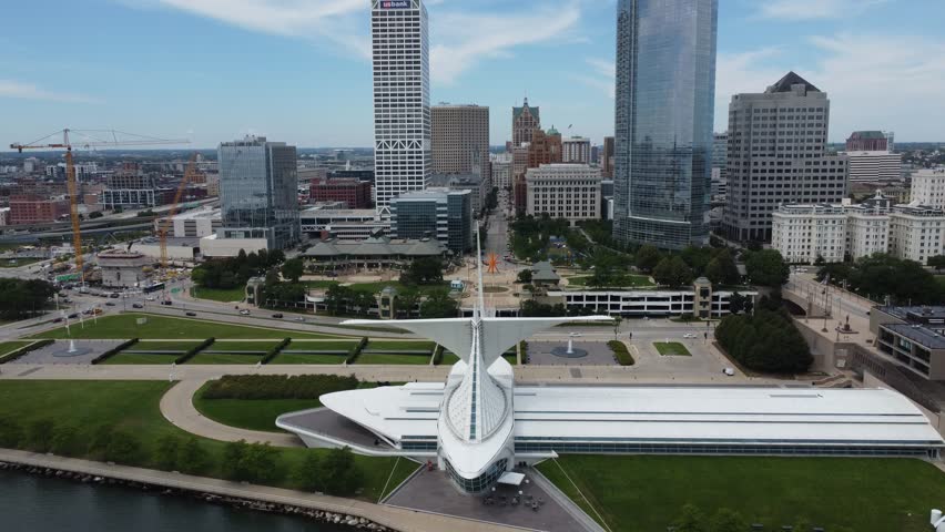 A captivating drone view of Milwaukee, USA, showcasing its skyline, iconic landmarks, and the scenic waterfront along Lake Michigan, highlighting the city