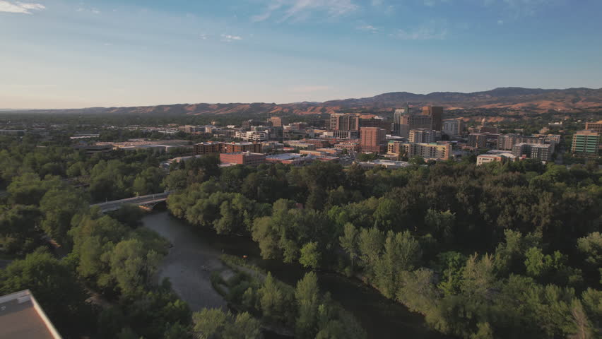 Aerial approach to downtown Boise Idaho near the Rose Garden