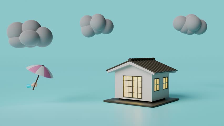 3d house with businessman hands holding umbrella, cloud, drop rain water, thunder isolated on blue background. protection and security concept, alpha channel Royalty-Free Stock Footage #1104438293