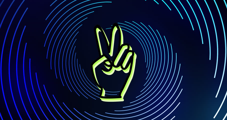 Animation of peace sign over circular pattern against blue background. Digitally generated, hologram, illustration, illuminated, victory and abstract concept. | Shutterstock HD Video #1104440901