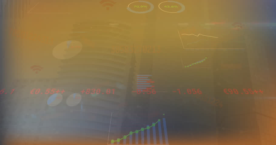 Animation of trading board, graphs, loading circles over modern buildings in background. Digital composite, multiple exposure, report, business, progress and architecture concept. | Shutterstock HD Video #1104444357