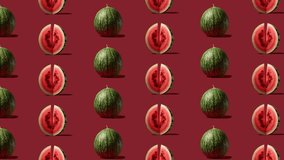 Stop motion Cut and whole Watermelon appear and disappear on pastel red background. High quality video 4K. Detailed stop motion video. Background or wallpaper in food and drinks videos.